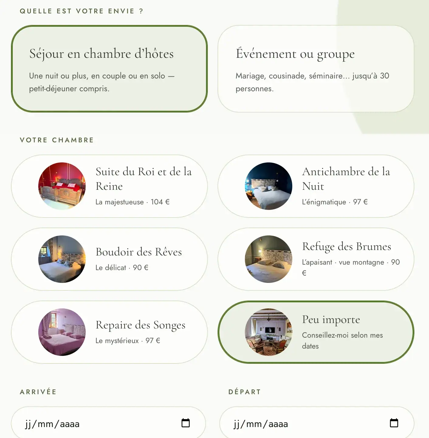 Capture d’écran du formulaire de réservation du Domaine d’Éden : choix du séjour, de la chambre et des dates.