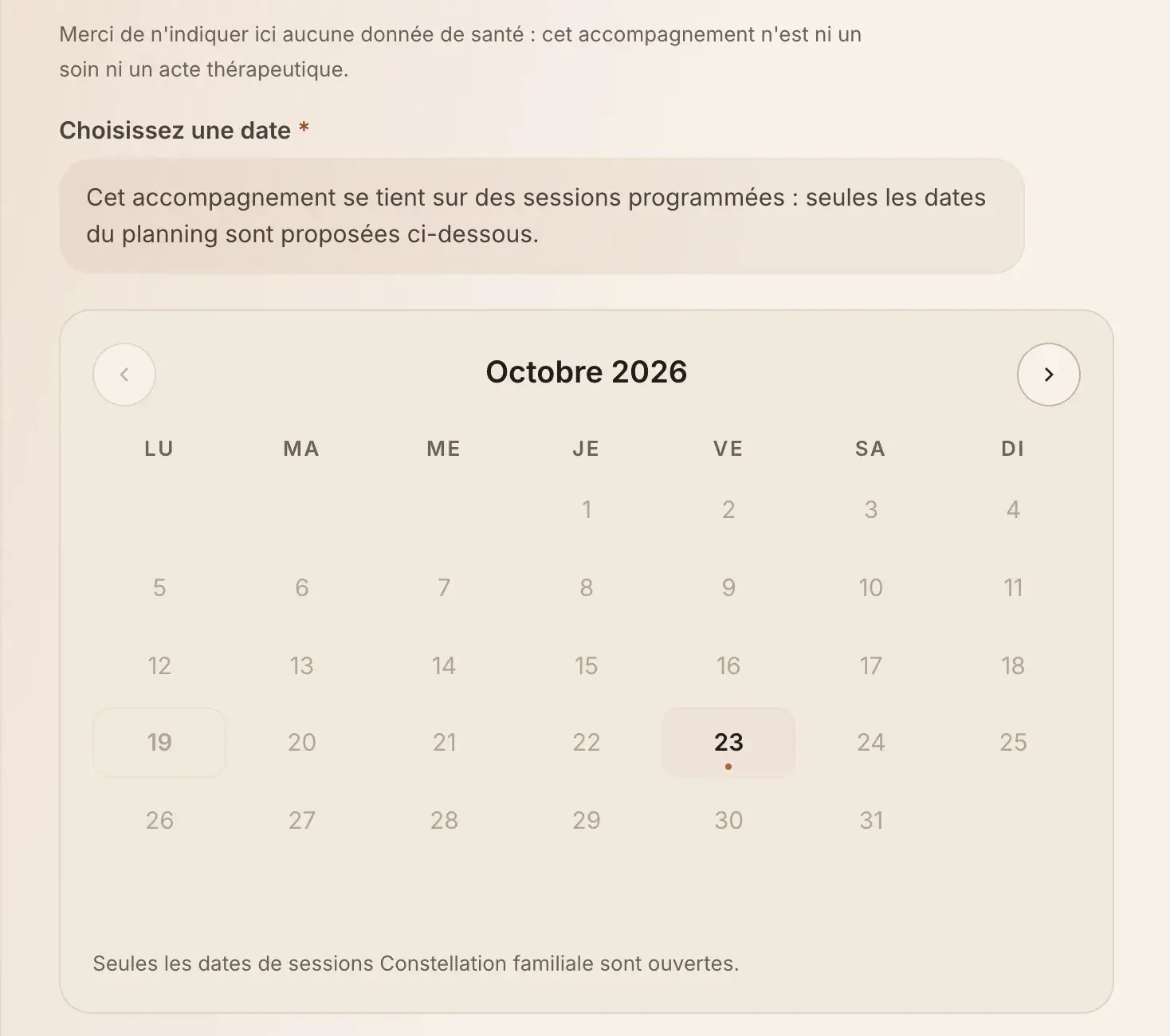 Capture d’écran de la prise de rendez-vous de Thomas Ploton : calendrier des sessions programmées.